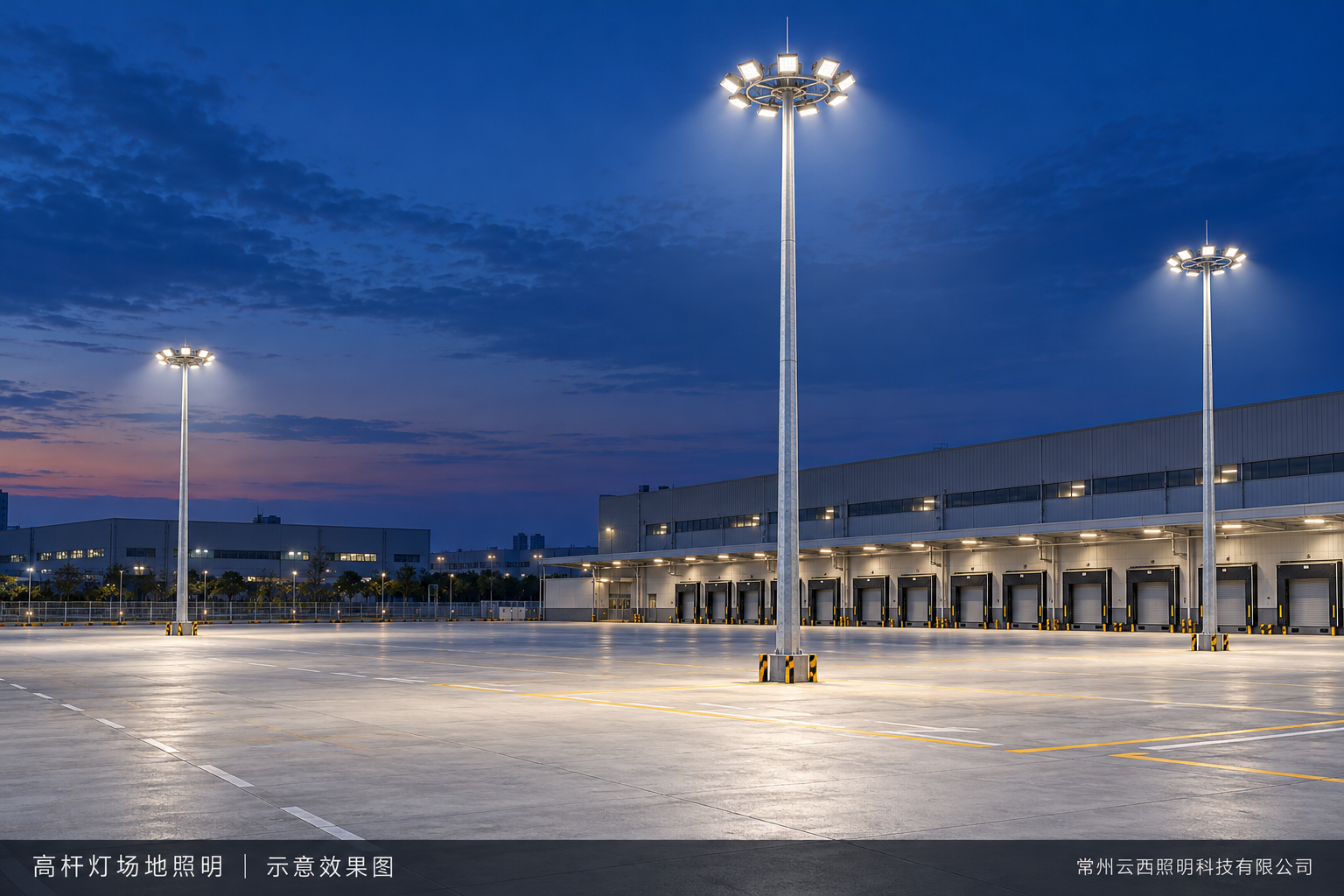 物流园区高杆灯夜间照明效果示意(AI生成示意)