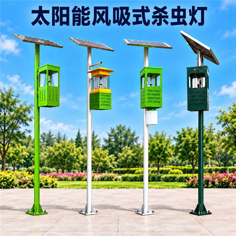 太阳能风吸式杀虫灯灯杆式外观参考，太阳能板位于顶部，诱集装置安装在灯杆上部